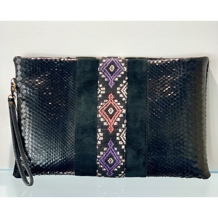 POCHETTE BIG LOU NOIR TISSE ETHNIQUE CLARIS VIROT